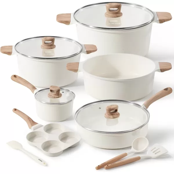 imageCAROTE 11 Piece Pots and Pans Ceramic Cookware Non Stick Health Induction Cookware Kitchen Cooking Set with Saucepan Set PFAS FreeCream White