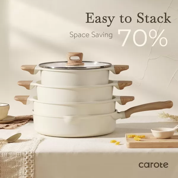 imageCAROTE 11 Piece Pots and Pans Ceramic Cookware Non Stick Health Induction Cookware Kitchen Cooking Set with Saucepan Set PFAS FreeCream White