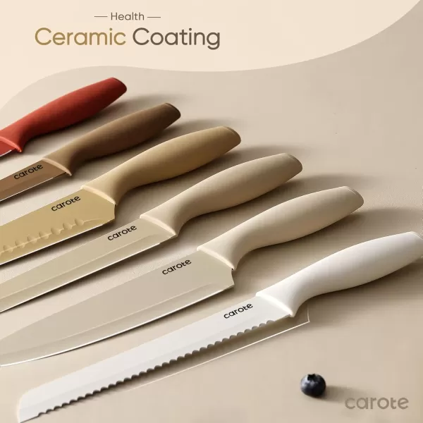 imageCAROTE 12 Pieces Kitchen Knife Set Stainless Steel Knife Set With Nonstick Ceramic Coating Dishwasher Safe with 6 Blade Guards Rustproof BrownBrown