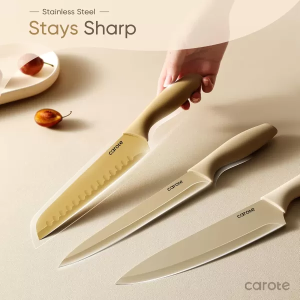 imageCAROTE 12 Pieces Kitchen Knife Set Stainless Steel Knife Set With Nonstick Ceramic Coating Dishwasher Safe with 6 Blade Guards Rustproof BrownBrown