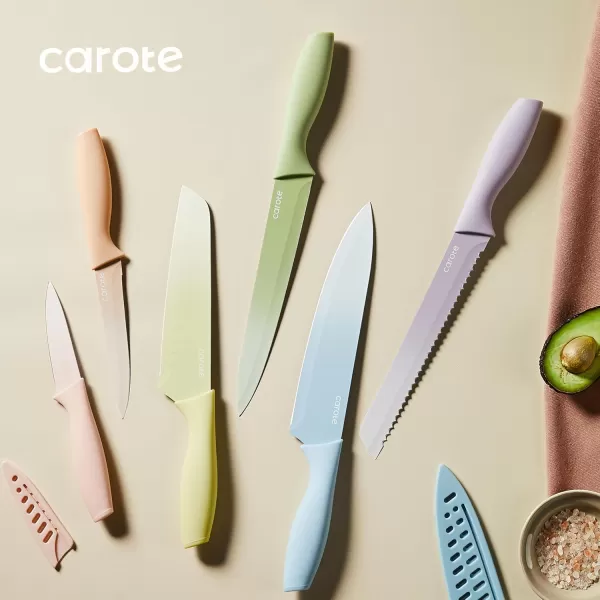 imageCAROTE 12 Pieces Kitchen Knife Set Stainless Steel Knife Set With Nonstick Ceramic Coating Dishwasher Safe with 6 Blade Guards Rustproof BrownMulticolor
