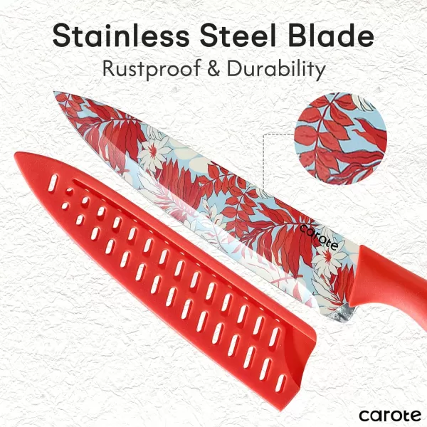 imageCAROTE 12 Pieces Kitchen Knife Set Stainless Steel Knife Set With Nonstick Ceramic Coating Dishwasher Safe with 6 Blade Guards Rustproof BrownRed