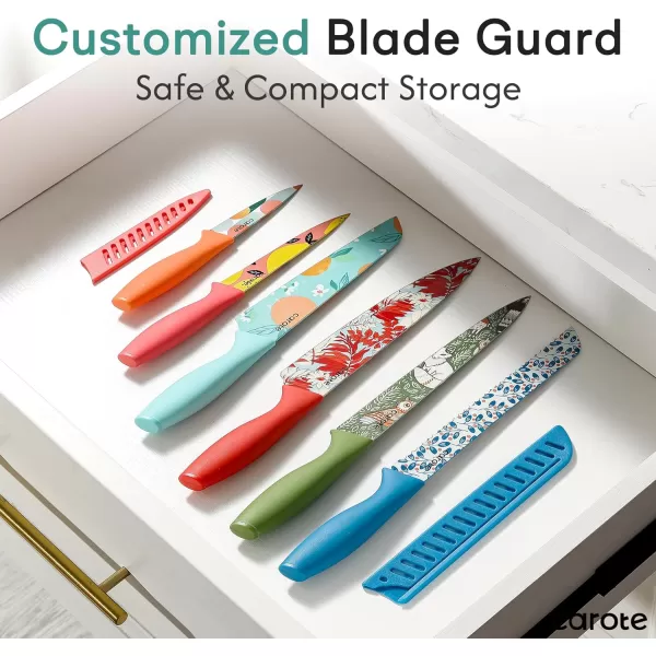 imageCAROTE 12 Pieces Kitchen Knife Set Stainless Steel Knife Set With Nonstick Ceramic Coating Dishwasher Safe with 6 Blade Guards Rustproof BrownRed