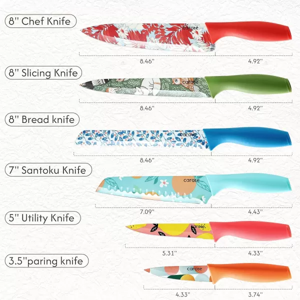 imageCAROTE 12 Pieces Kitchen Knife Set Stainless Steel Knife Set With Nonstick Ceramic Coating Dishwasher Safe with 6 Blade Guards Rustproof BrownRed