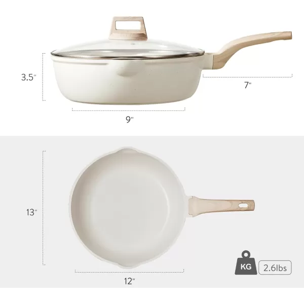 imageCAROTE 12Inch Nonstick Deep Frying Pan with Lid 55 Qt Jumbo Cooker Saute Pan with Pour Spout Skillet Induction Cookware Non Stick Cooking Pan Kitchen Pan PFOA Free White GraniteCream White