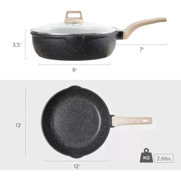 imageCAROTE 12Inch Nonstick Deep Frying Pan with Lid 55 Qt Jumbo Cooker Saute Pan with Pour Spout Skillet Induction Cookware Non Stick Cooking Pan Kitchen Pan PFOA Free White GraniteClassic Granite