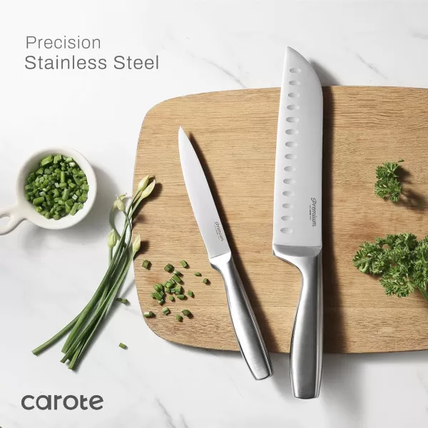 imageCAROTE 12PCS Knife Set Stainless Steel Kitchen Knife Set with Drawer Store Kinife Organizer Cutlery Knife Set with Block Dishwasher Safe White Include KnivesSilver