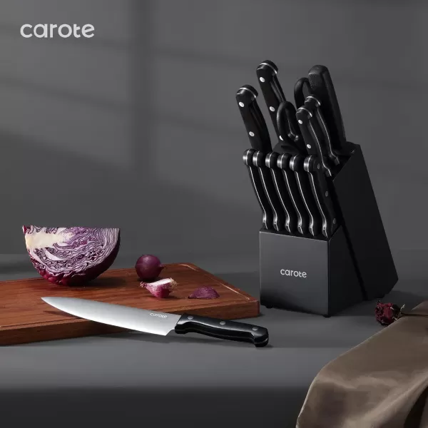 imageCAROTE 12PCS Knife Set Stainless Steel Kitchen Knife Set with Drawer Store Kinife Organizer Cutlery Knife Set with Block Dishwasher Safe White Include KnivesBlack