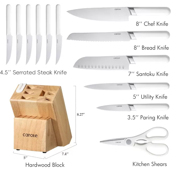 imageCAROTE 12PCS Knife Set Stainless Steel Kitchen Knife Set with Drawer Store Kinife Organizer Cutlery Knife Set with Block Dishwasher Safe White Include KnivesAlabaster