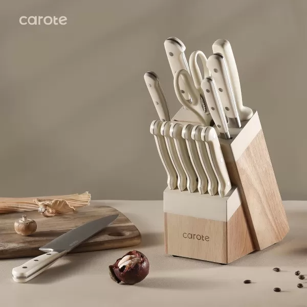 imageCAROTE 12PCS Knife Set Stainless Steel Kitchen Knife Set with Drawer Store Kinife Organizer Cutlery Knife Set with Block Dishwasher Safe White Include KnivesCream