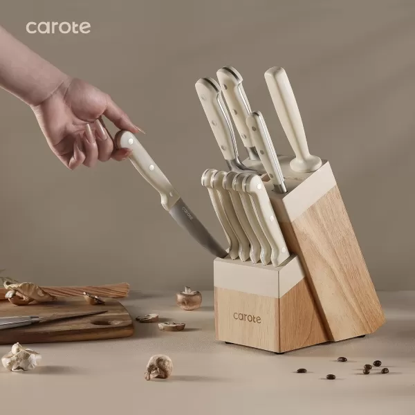 imageCAROTE 12PCS Knife Set Stainless Steel Kitchen Knife Set with Drawer Store Kinife Organizer Cutlery Knife Set with Block Dishwasher Safe White Include KnivesCream