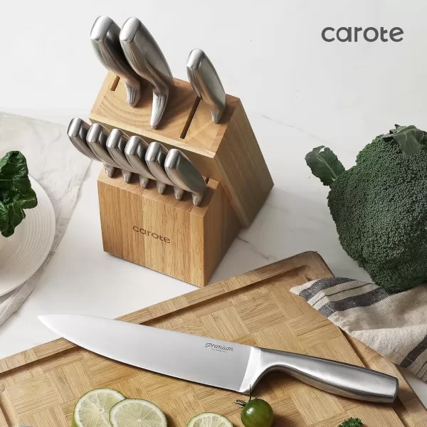 imageCAROTE 12PCS Knife Set Stainless Steel Kitchen Knife Set with Drawer Store Kinife Organizer Cutlery Knife Set with Block Dishwasher Safe White Include KnivesSilver