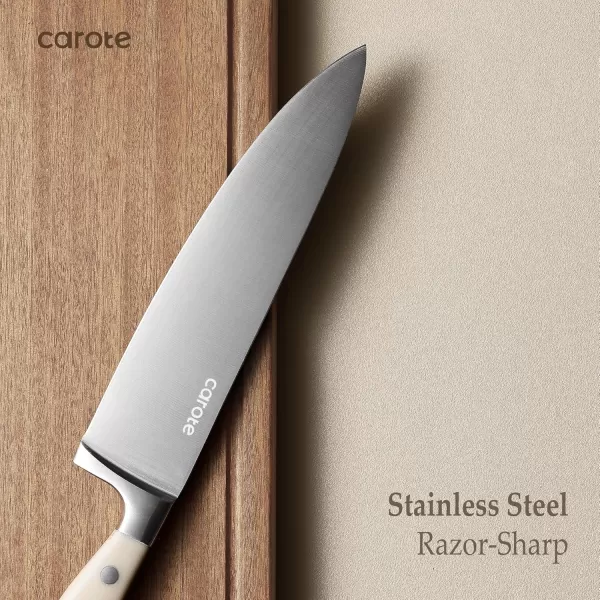 imageCAROTE 12PCS Knife Set Stainless Steel Kitchen Knife Set with Drawer Store Kinife Organizer Cutlery Knife Set with Block Dishwasher Safe White Include KnivesCream