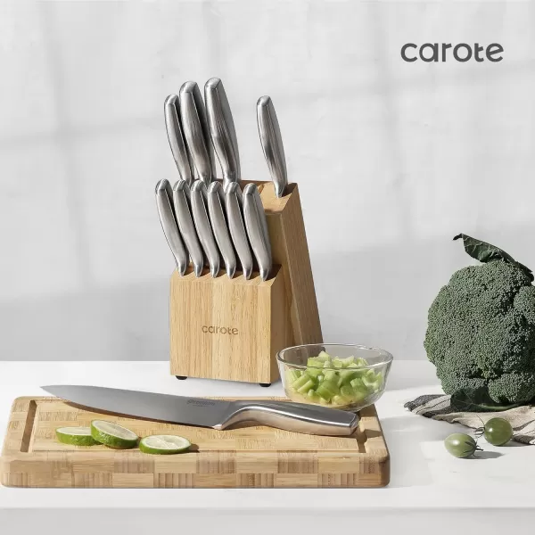 imageCAROTE 12PCS Knife Set Stainless Steel Kitchen Knife Set with Drawer Store Kinife Organizer Cutlery Knife Set with Block Dishwasher Safe White Include KnivesSilver