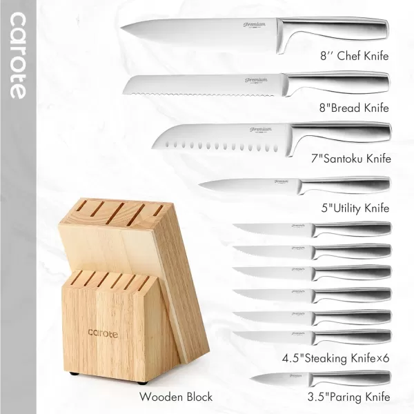 imageCAROTE 12PCS Knife Set Stainless Steel Kitchen Knife Set with Drawer Store Kinife Organizer Cutlery Knife Set with Block Dishwasher Safe White Include KnivesSilver