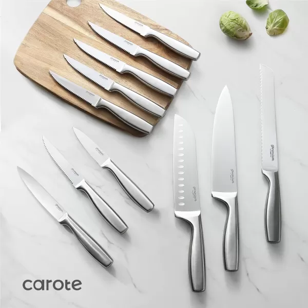 imageCAROTE 12PCS Knife Set Stainless Steel Kitchen Knife Set with Drawer Store Kinife Organizer Cutlery Knife Set with Block Dishwasher Safe White Include KnivesSilver