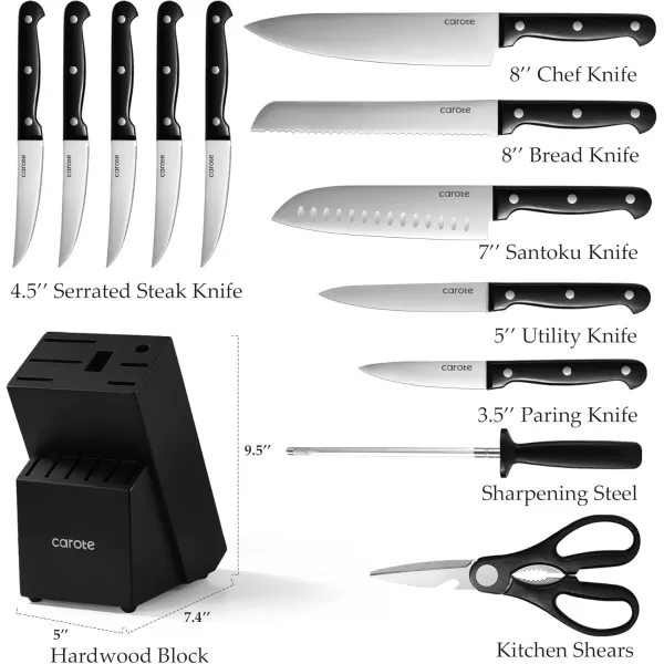 imageCAROTE 12PCS Knife Set Stainless Steel Kitchen Knife Set with Drawer Store Kinife Organizer Cutlery Knife Set with Block Dishwasher Safe White Include KnivesBlack