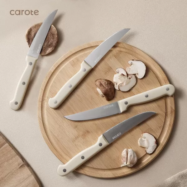 imageCAROTE 12PCS Knife Set Stainless Steel Kitchen Knife Set with Drawer Store Kinife Organizer Cutlery Knife Set with Block Dishwasher Safe White Include KnivesCream