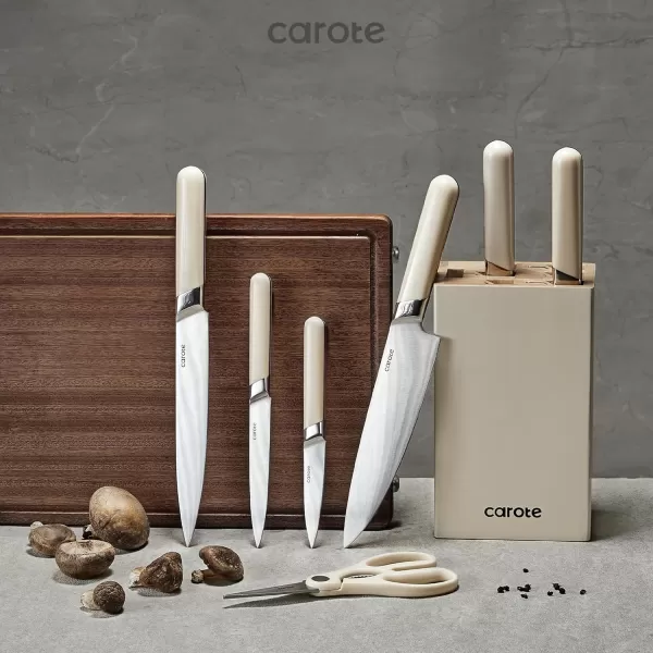 imageCAROTE 12PCS Knife Set Stainless Steel Kitchen Knife Set with Drawer Store Kinife Organizer Cutlery Knife Set with Block Dishwasher Safe White Include KnivesBrown