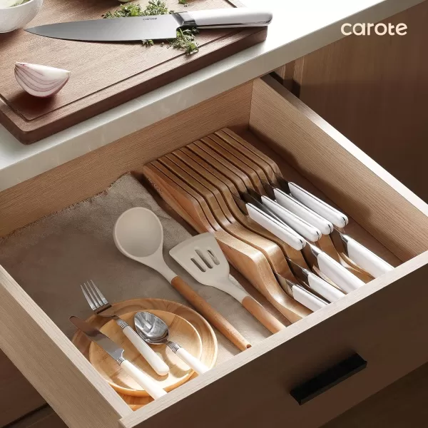 imageCAROTE 12PCS Knife Set Stainless Steel Kitchen Knife Set with Drawer Store Kinife Organizer Cutlery Knife Set with Block Dishwasher Safe White Include KnivesWhite