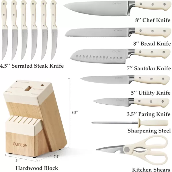 imageCAROTE 12PCS Knife Set Stainless Steel Kitchen Knife Set with Drawer Store Kinife Organizer Cutlery Knife Set with Block Dishwasher Safe White Include KnivesCream