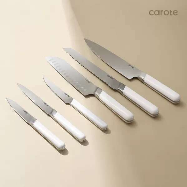 imageCAROTE 12PCS Knife Set Stainless Steel Kitchen Knife Set with Drawer Store Kinife Organizer Cutlery Knife Set with Block Dishwasher Safe White Include KnivesWhite