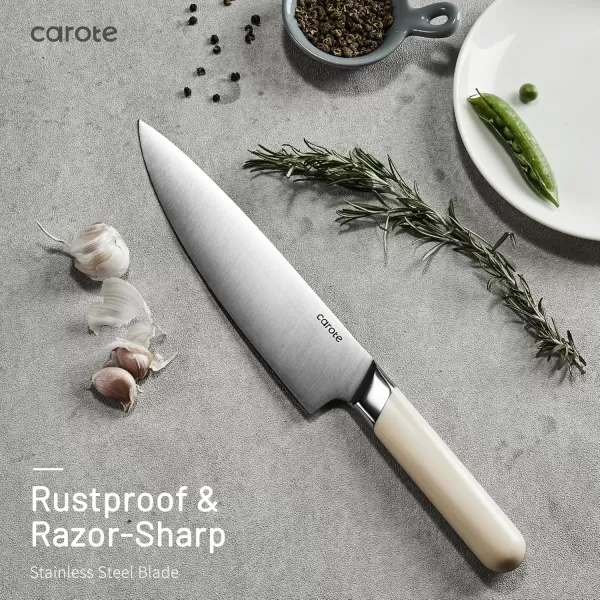 imageCAROTE 12PCS Knife Set Stainless Steel Kitchen Knife Set with Drawer Store Kinife Organizer Cutlery Knife Set with Block Dishwasher Safe White Include KnivesBrown