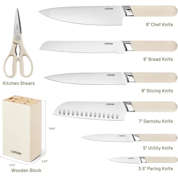 imageCAROTE 12PCS Knife Set Stainless Steel Kitchen Knife Set with Drawer Store Kinife Organizer Cutlery Knife Set with Block Dishwasher Safe White Include KnivesBrown