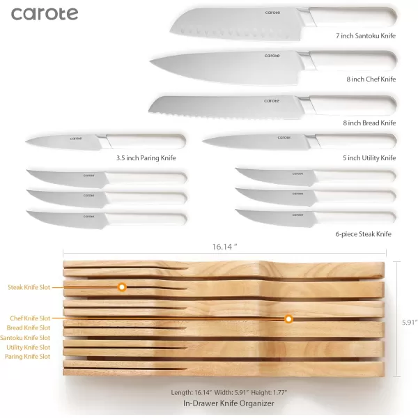 imageCAROTE 12PCS Knife Set Stainless Steel Kitchen Knife Set with Drawer Store Kinife Organizer Cutlery Knife Set with Block Dishwasher Safe White Include KnivesWhite