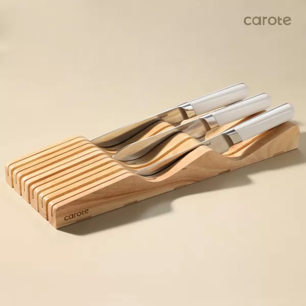 imageCAROTE 12PCS Knife Set Stainless Steel Kitchen Knife Set with Drawer Store Kinife Organizer Cutlery Knife Set with Block Dishwasher Safe White Include KnivesWhite