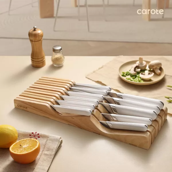 imageCAROTE 12PCS Knife Set Stainless Steel Kitchen Knife Set with Drawer Store Kinife Organizer Cutlery Knife Set with Block Dishwasher Safe White Include KnivesWhite