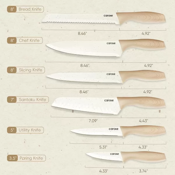 imageCAROTE 12PCS Knife set with Blade GuardsGranite Nonstick Ceramic CoatingStainless Steel blade Wooden Handle Essential knife setWhiteWhite
