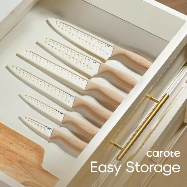 imageCAROTE 12PCS Knife set with Blade GuardsGranite Nonstick Ceramic CoatingStainless Steel blade Wooden Handle Essential knife setWhiteWhite