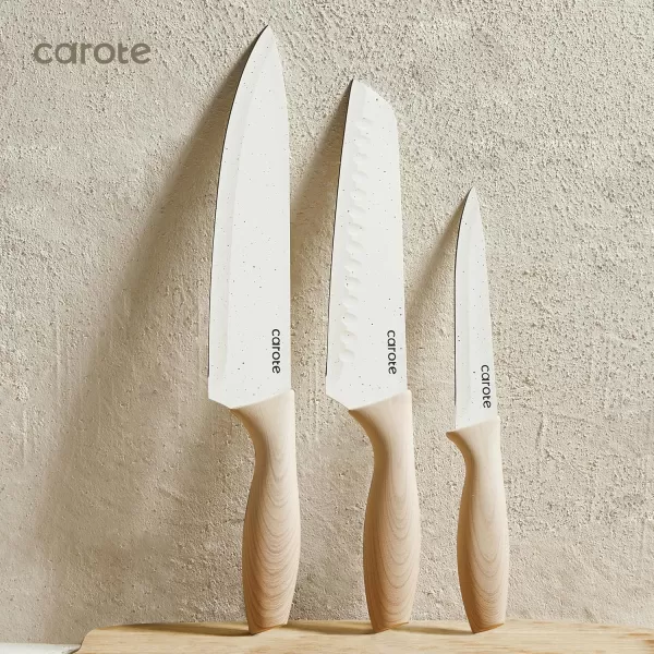 imageCAROTE 12PCS Knife set with Blade GuardsGranite Nonstick Ceramic CoatingStainless Steel blade Wooden Handle Essential knife setWhiteWhite