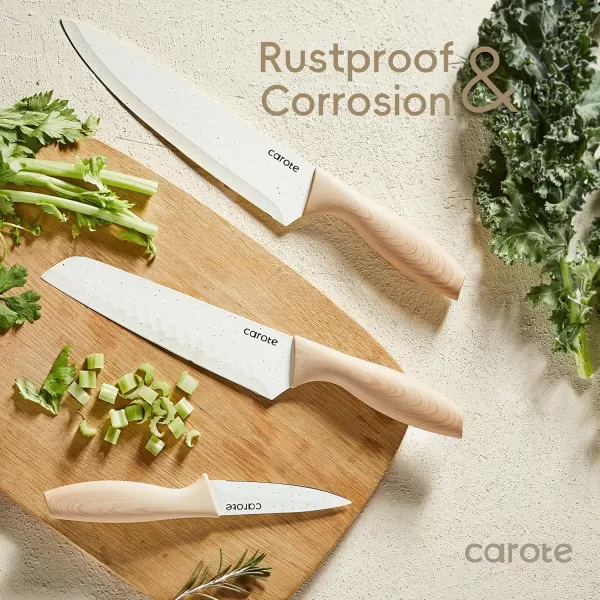 imageCAROTE 12PCS Knife set with Blade GuardsGranite Nonstick Ceramic CoatingStainless Steel blade Wooden Handle Essential knife setWhiteWhite
