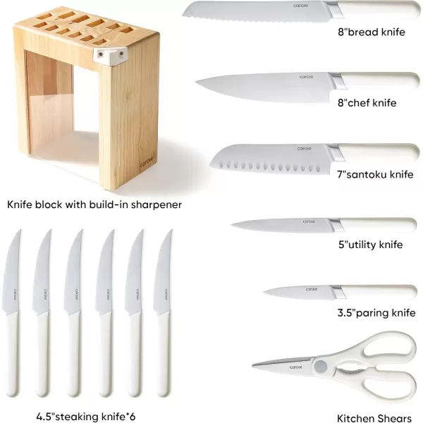 imageCAROTE 14PCS Knife Set with Acrylic Block Kitchen Knives with Builtin Sharpener Cutlery Set with High Carbon Stainless Steel Sharp Blade Dishwasher Safe WhiteWhite
