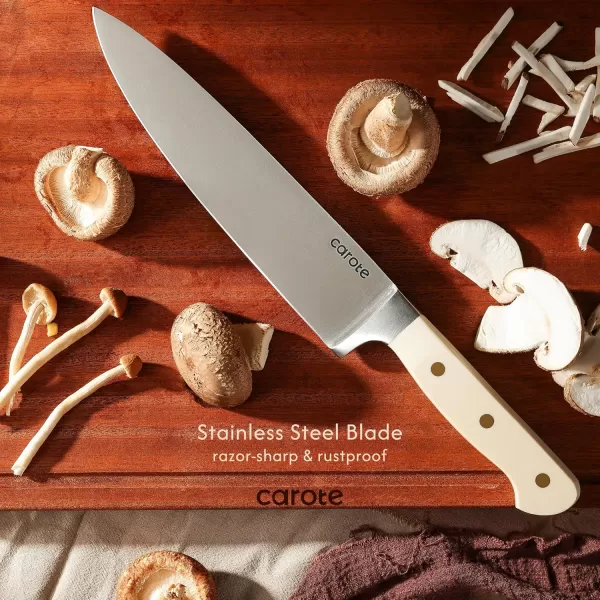 imageCAROTE 14PCS Knife Set with Acrylic Block Kitchen Knives with Builtin Sharpener Cutlery Set with High Carbon Stainless Steel Sharp Blade Dishwasher Safe WhiteBeige