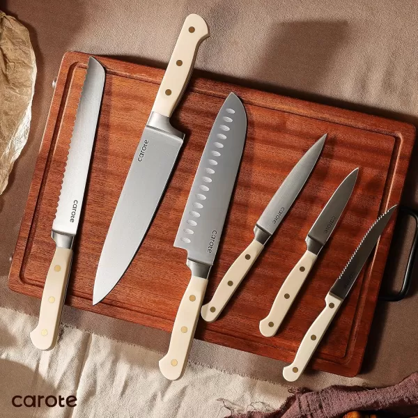 imageCAROTE 14PCS Knife Set with Acrylic Block Kitchen Knives with Builtin Sharpener Cutlery Set with High Carbon Stainless Steel Sharp Blade Dishwasher Safe WhiteBeige