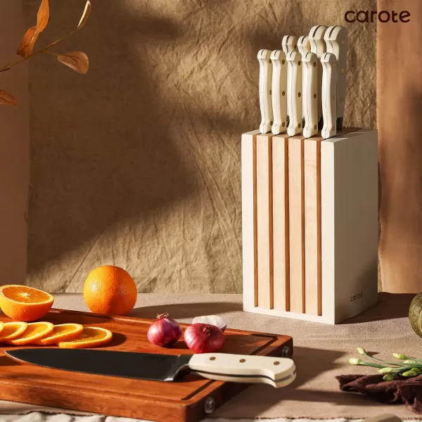 imageCAROTE 14PCS Knife Set with Acrylic Block Kitchen Knives with Builtin Sharpener Cutlery Set with High Carbon Stainless Steel Sharp Blade Dishwasher Safe WhiteBeige