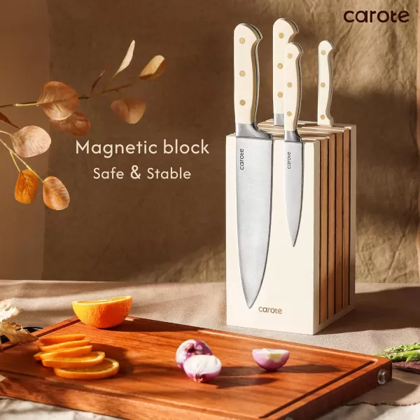 imageCAROTE 14PCS Knife Set with Acrylic Block Kitchen Knives with Builtin Sharpener Cutlery Set with High Carbon Stainless Steel Sharp Blade Dishwasher Safe WhiteBeige