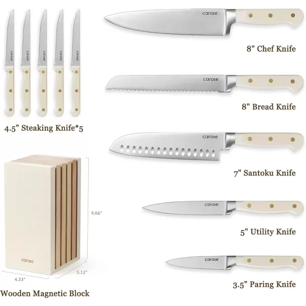 imageCAROTE 14PCS Knife Set with Acrylic Block Kitchen Knives with Builtin Sharpener Cutlery Set with High Carbon Stainless Steel Sharp Blade Dishwasher Safe WhiteBeige