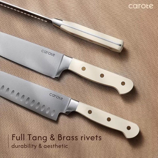 imageCAROTE 14PCS Knife Set with Acrylic Block Kitchen Knives with Builtin Sharpener Cutlery Set with High Carbon Stainless Steel Sharp Blade Dishwasher Safe WhiteBeige