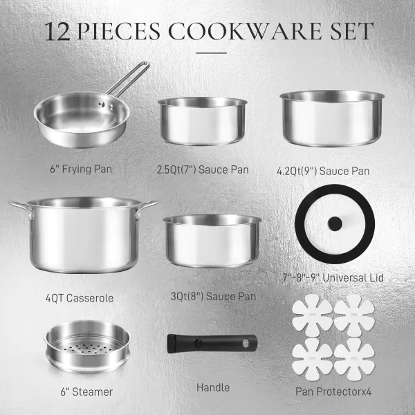 imageCAROTE 14pcs Pots and Pans Set Stainless Steel Cookware Set Detachable Handle Induction Kitchen Cookware Sets with Removable Handle RV Cookware Set Oven Safe Camping Cookware BlackStainless Steel Black