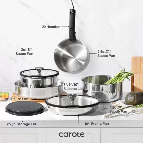 imageCAROTE 14pcs Pots and Pans Set Stainless Steel Cookware Set Detachable Handle Induction Kitchen Cookware Sets with Removable Handle RV Cookware Set Oven Safe Camping Cookware BlackStainless Steel