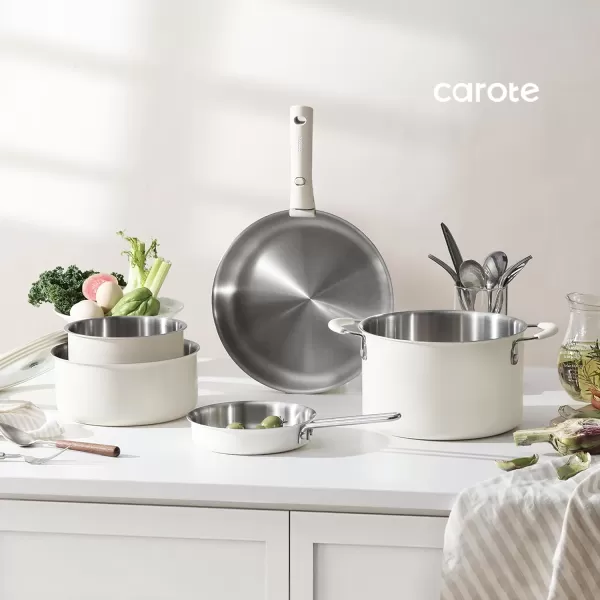 imageCAROTE 14pcs Pots and Pans Set Stainless Steel Cookware Set Detachable Handle Induction Kitchen Cookware Sets with Removable Handle RV Cookware Set Oven Safe Camping Cookware BlackCream
