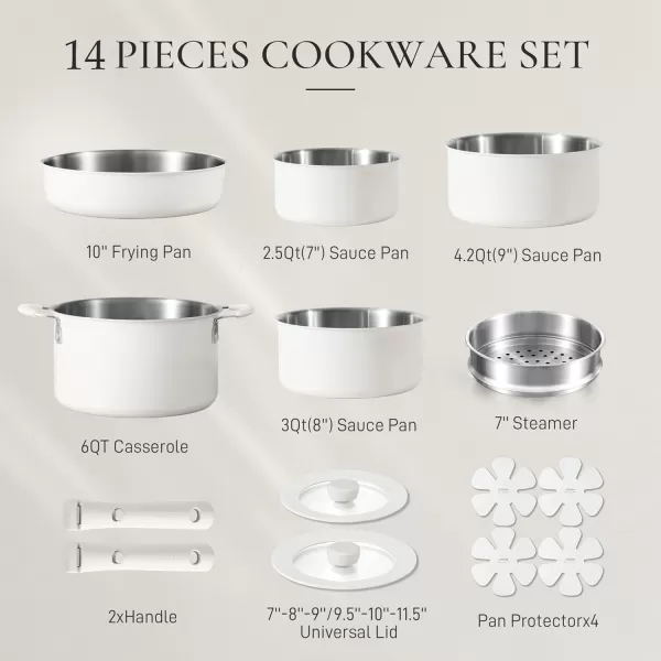 imageCAROTE 14pcs Pots and Pans Set Stainless Steel Cookware Set Detachable Handle Induction Kitchen Cookware Sets with Removable Handle RV Cookware Set Oven Safe Camping Cookware BlackCream