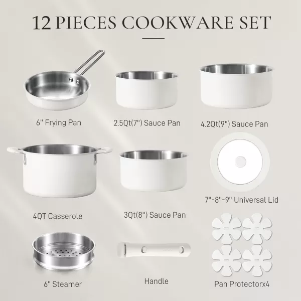 imageCAROTE 14pcs Pots and Pans Set Stainless Steel Cookware Set Detachable Handle Induction Kitchen Cookware Sets with Removable Handle RV Cookware Set Oven Safe Camping Cookware BlackCream