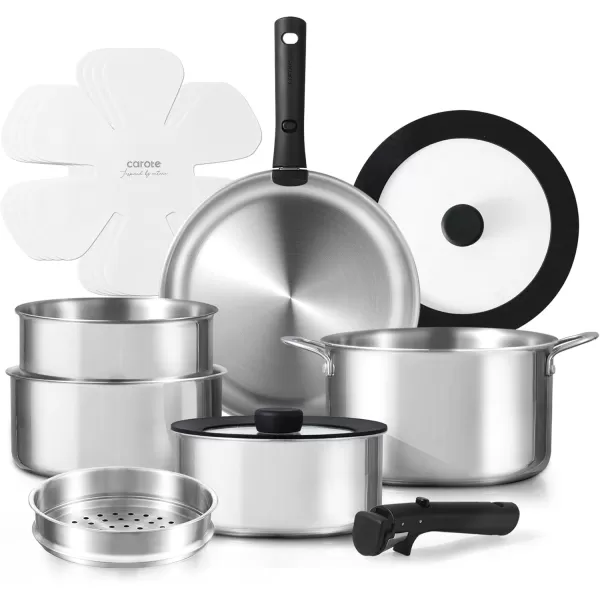 imageCAROTE 14pcs Pots and Pans Set Stainless Steel Cookware Set Detachable Handle Induction Kitchen Cookware Sets with Removable Handle RV Cookware Set Oven Safe Camping Cookware BlackStainless Steel Black