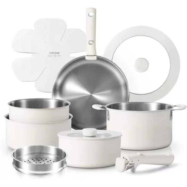 imageCAROTE 14pcs Pots and Pans Set Stainless Steel Cookware Set Detachable Handle Induction Kitchen Cookware Sets with Removable Handle RV Cookware Set Oven Safe Camping Cookware BlackCream