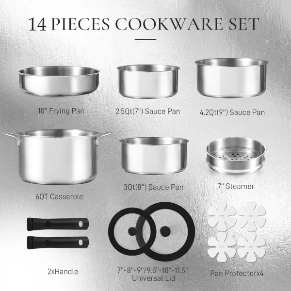 imageCAROTE 14pcs Pots and Pans Set Stainless Steel Cookware Set Detachable Handle Induction Kitchen Cookware Sets with Removable Handle RV Cookware Set Oven Safe Camping Cookware BlackStainless Steel Black